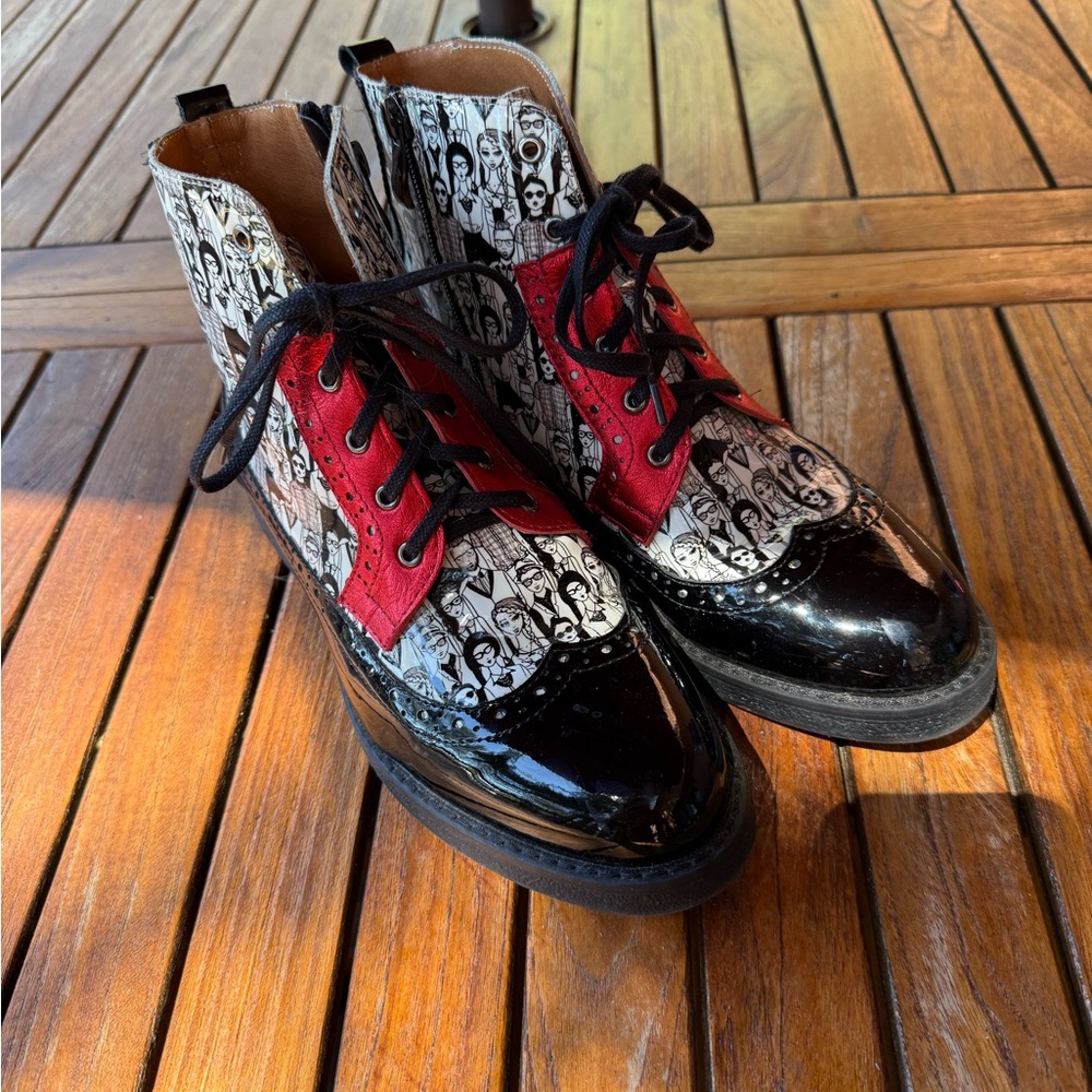 Womens Black Patent & Red Accent Lace-Up Ankle Boots